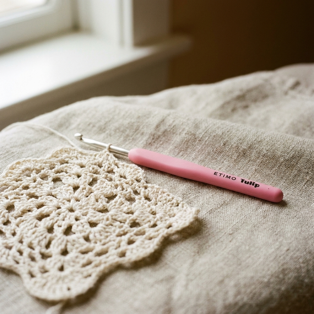 A real photo of a Tulip Etimo ergonomic crochet hook lying next to a small crocheted lace swatch on a neutral fabric background