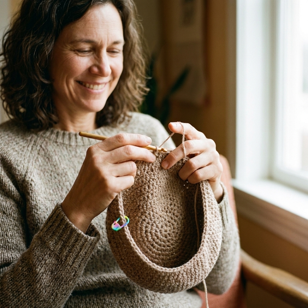 A real photo of a crochet beanie in progress worked in the round with a stitch marker clipped to the edge