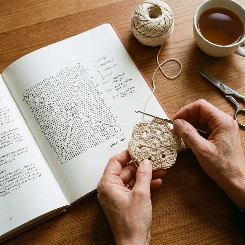 A real photo of a crochet pattern page showing a stitch chart next to a small crocheted motif in progress on a table