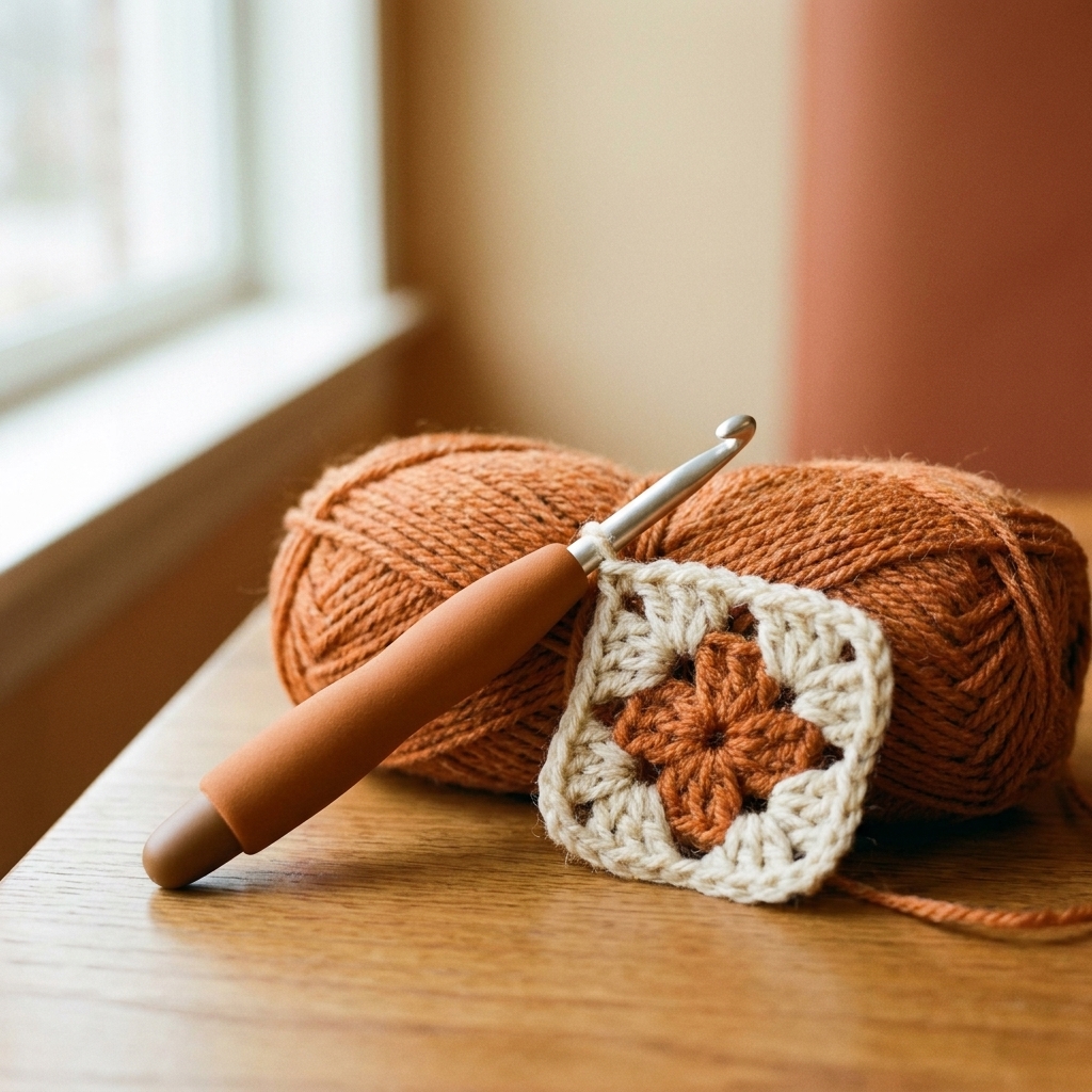 A real photo of a cushioned-handle ergonomic crochet hook resting on a skein of yarn with a small project in progress