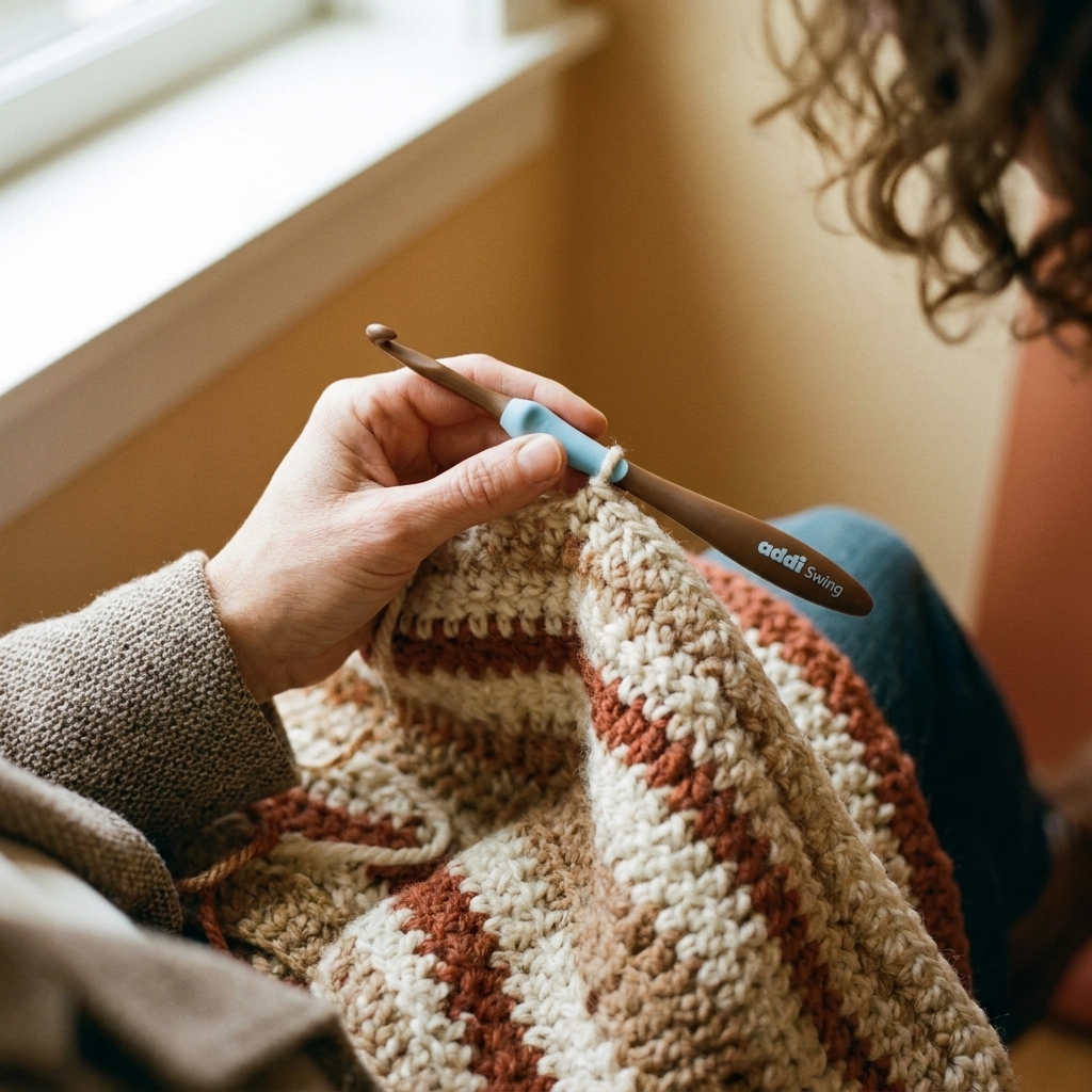 A real photo of an Addi Swing ergonomic crochet hook held in a crocheter's hand above a textured crochet fabric