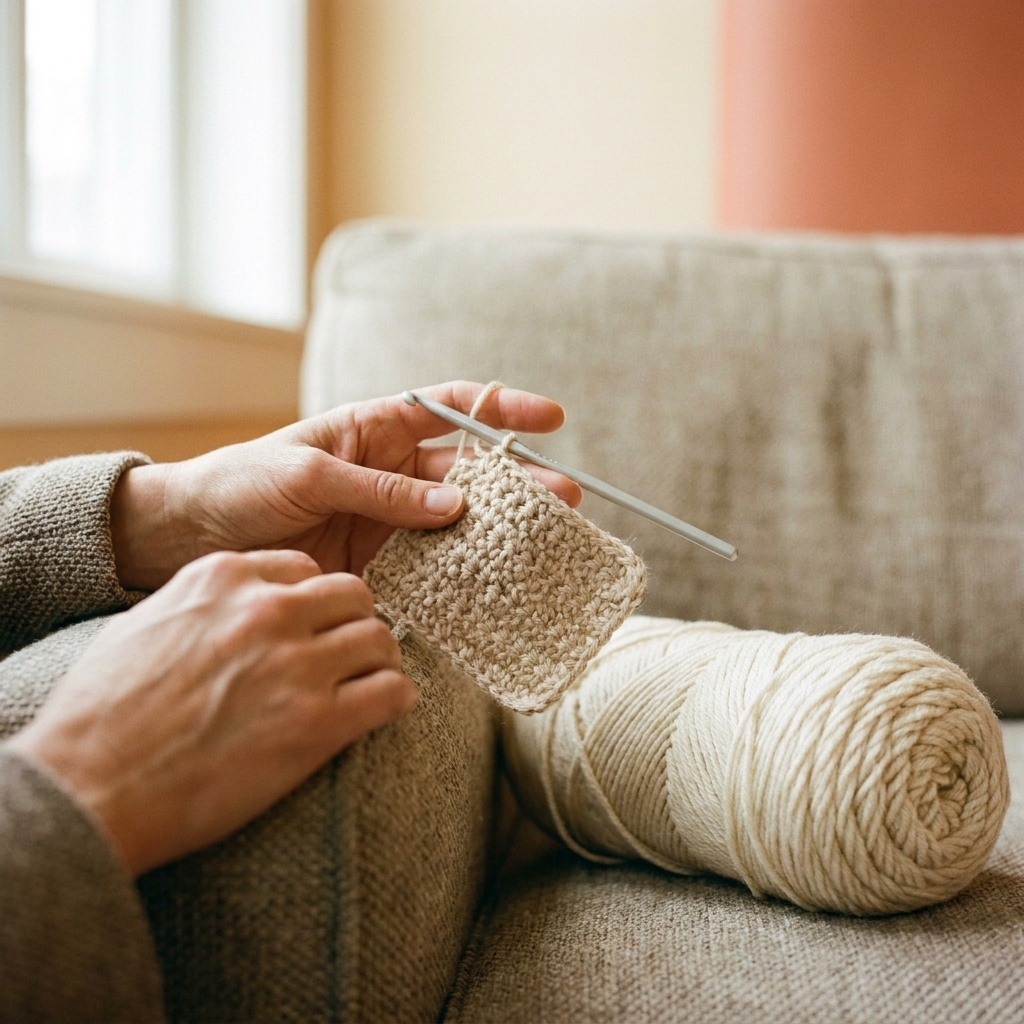 A real photo of hands holding a crochet hook over a small practice swatch with a ball of yarn nearby on a couch
