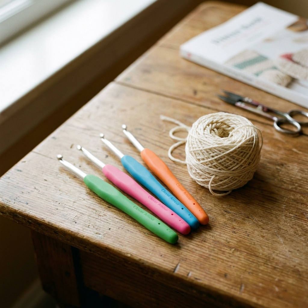 A real photo of several Clover Amour ergonomic crochet hooks resting on a wooden table beside a small ball of yarn