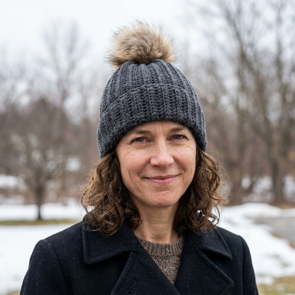 A ribbed crochet beanie in charcoal gray with a fluffy pom-pom, photographed on a person outdoors on a cloudy winter day