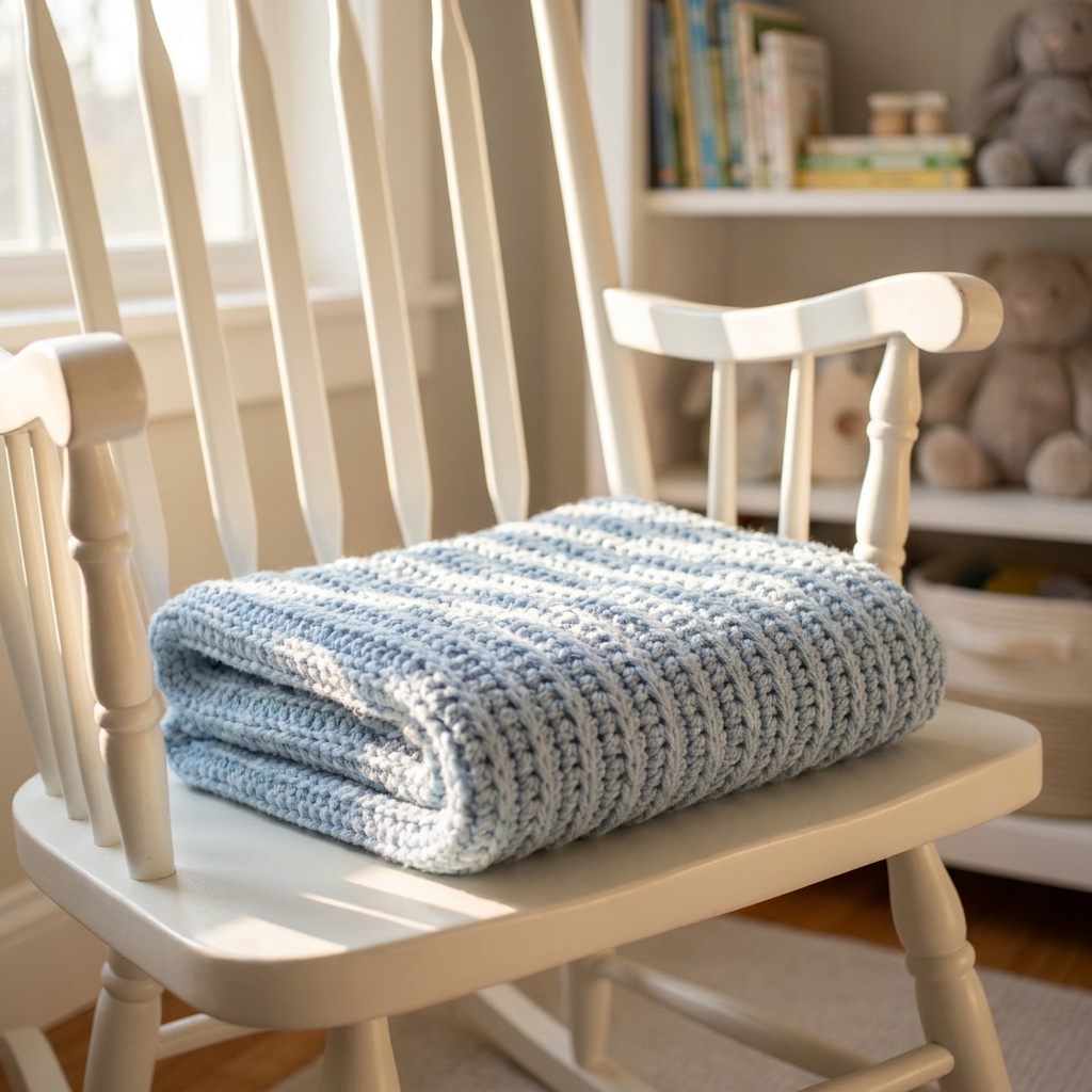 A ribbed-texture crochet baby blanket in pale blue folded on a nursery rocking chair with soft morning light