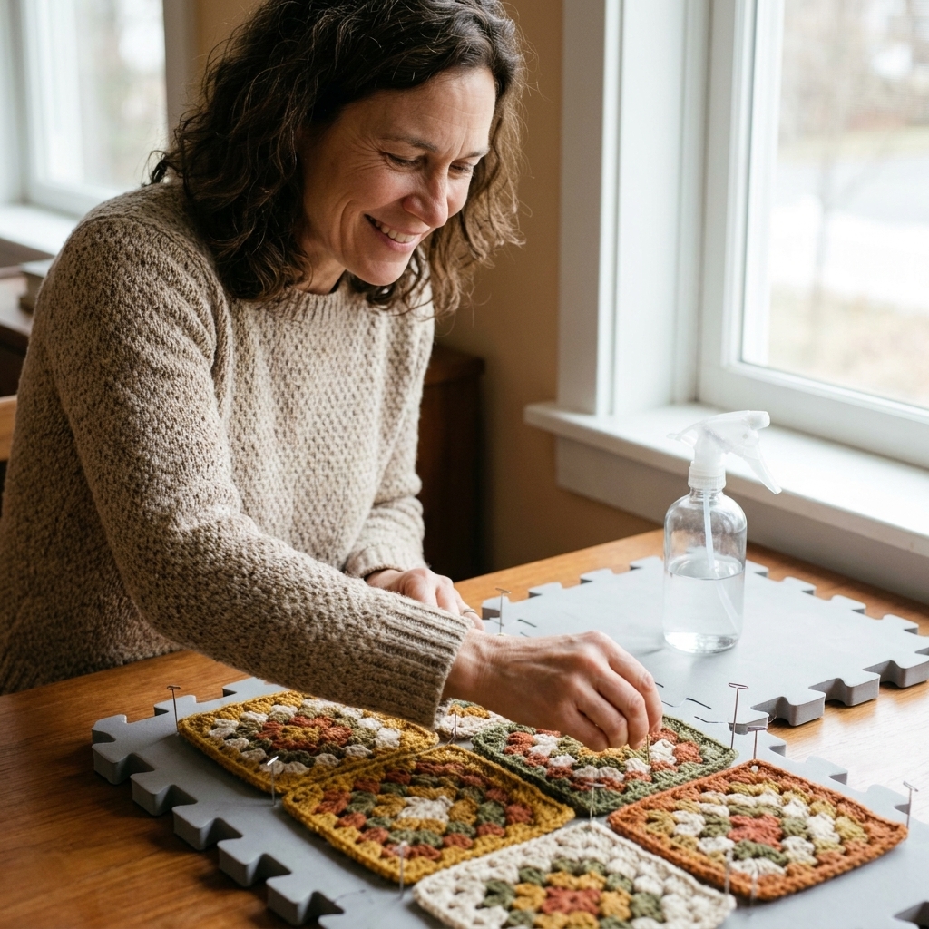 A set of crochet granny squares pinned into neat squares on foam blocking mats using rustproof T pins, with a spray bottle nearby