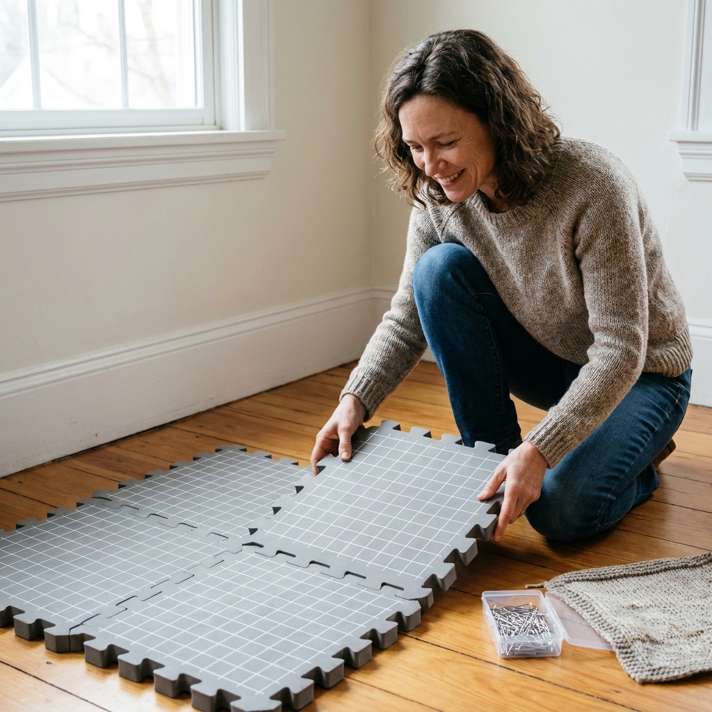 A set of interlocking foam blocking mats with a printed grid laid out on a wooden floor, ready for pinning a knitting project