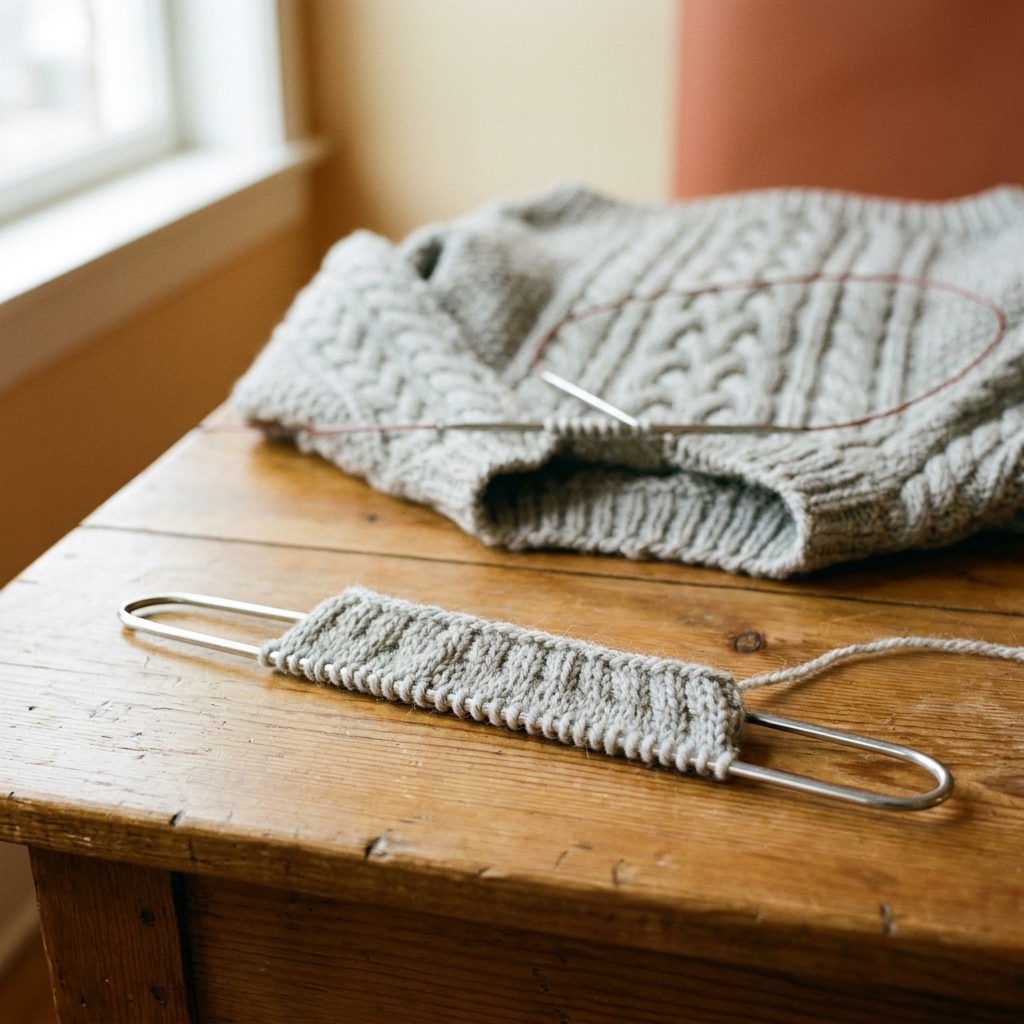 A set of knitting stitches resting on a large stitch holder with a sweater body visible in the background on a table