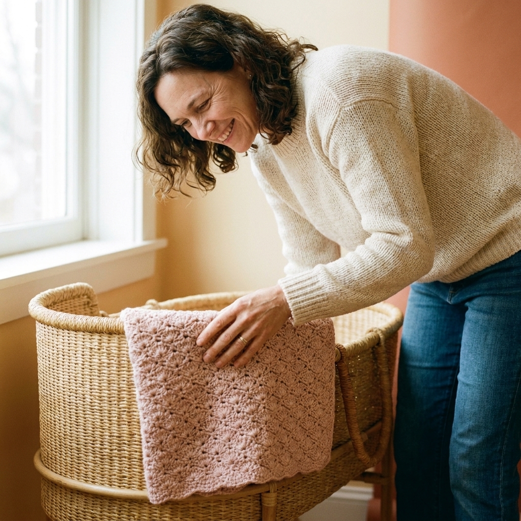 A shell stitch crochet baby blanket in soft blush pink draped over a bassinet with gentle natural light