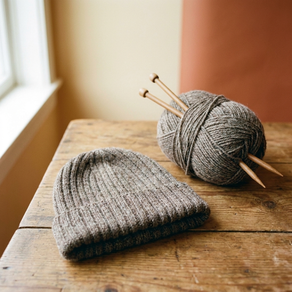 A simple ribbed beanie in heathered wool yarn resting on a wooden table beside a ball of matching yarn