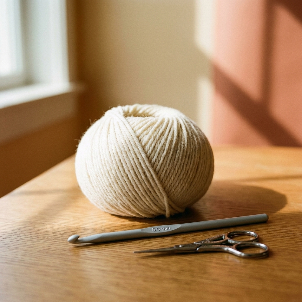 A single ball of light-colored worsted-weight yarn next to a 5.0 mm crochet hook and small scissors on a neutral tabletop