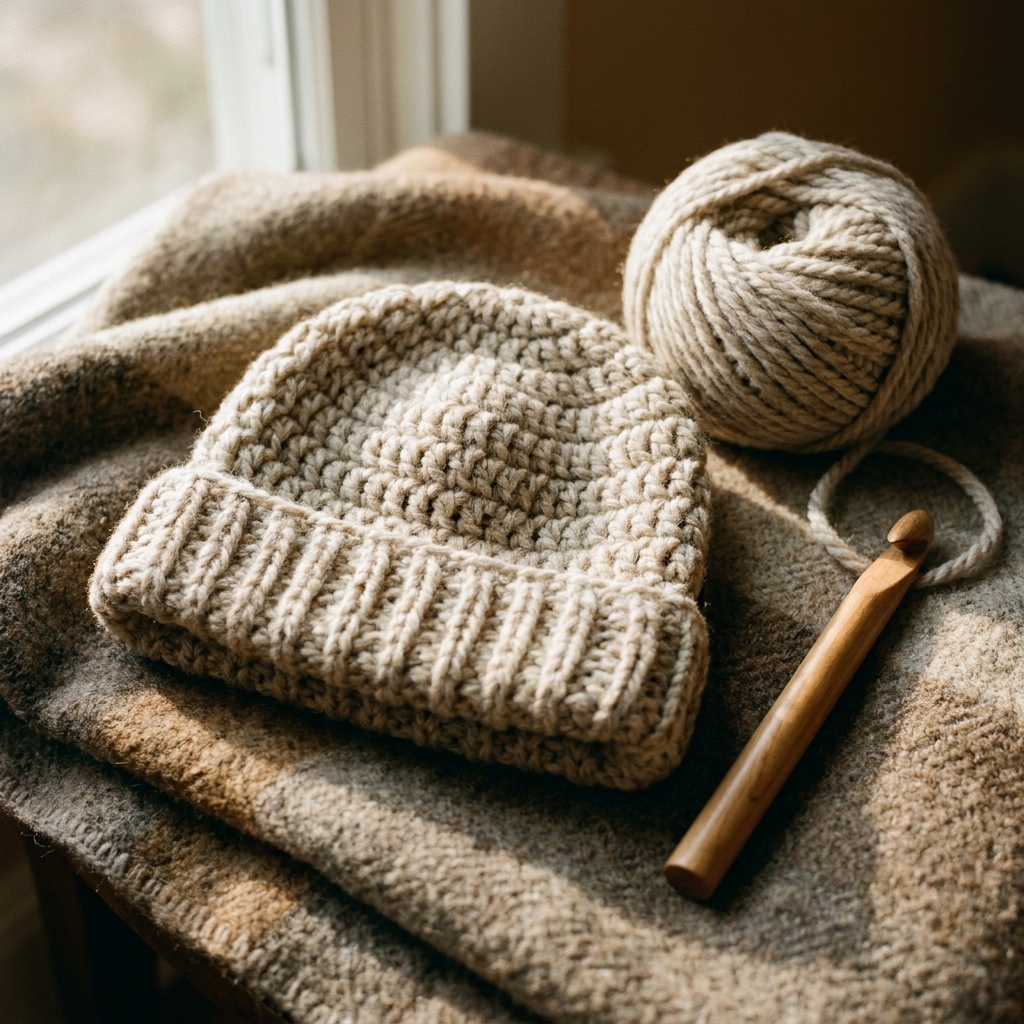 A single chunky crochet beanie in a warm oatmeal color resting on a folded wool blanket beside a ball of bulky yarn and a crochet hook