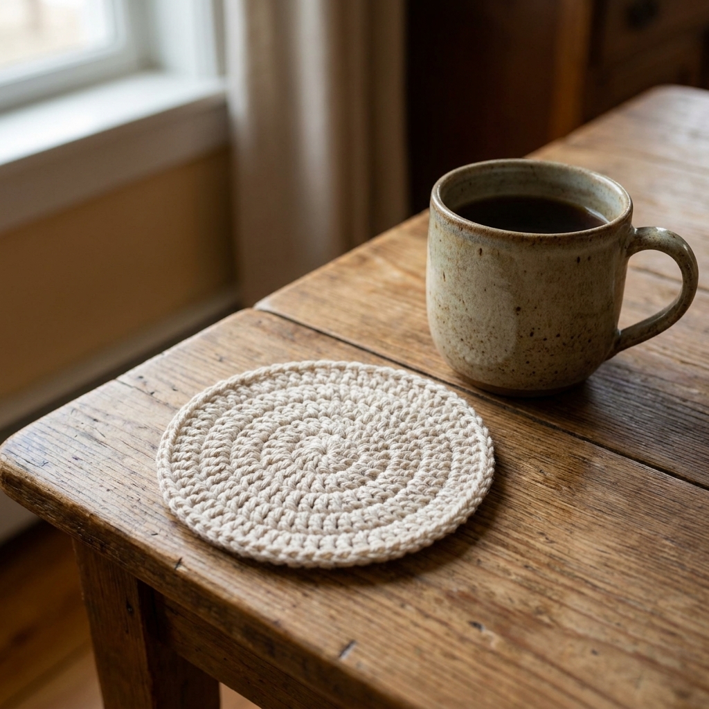 A single handmade round crochet coaster in a light neutral yarn resting on a wooden table next to a mug