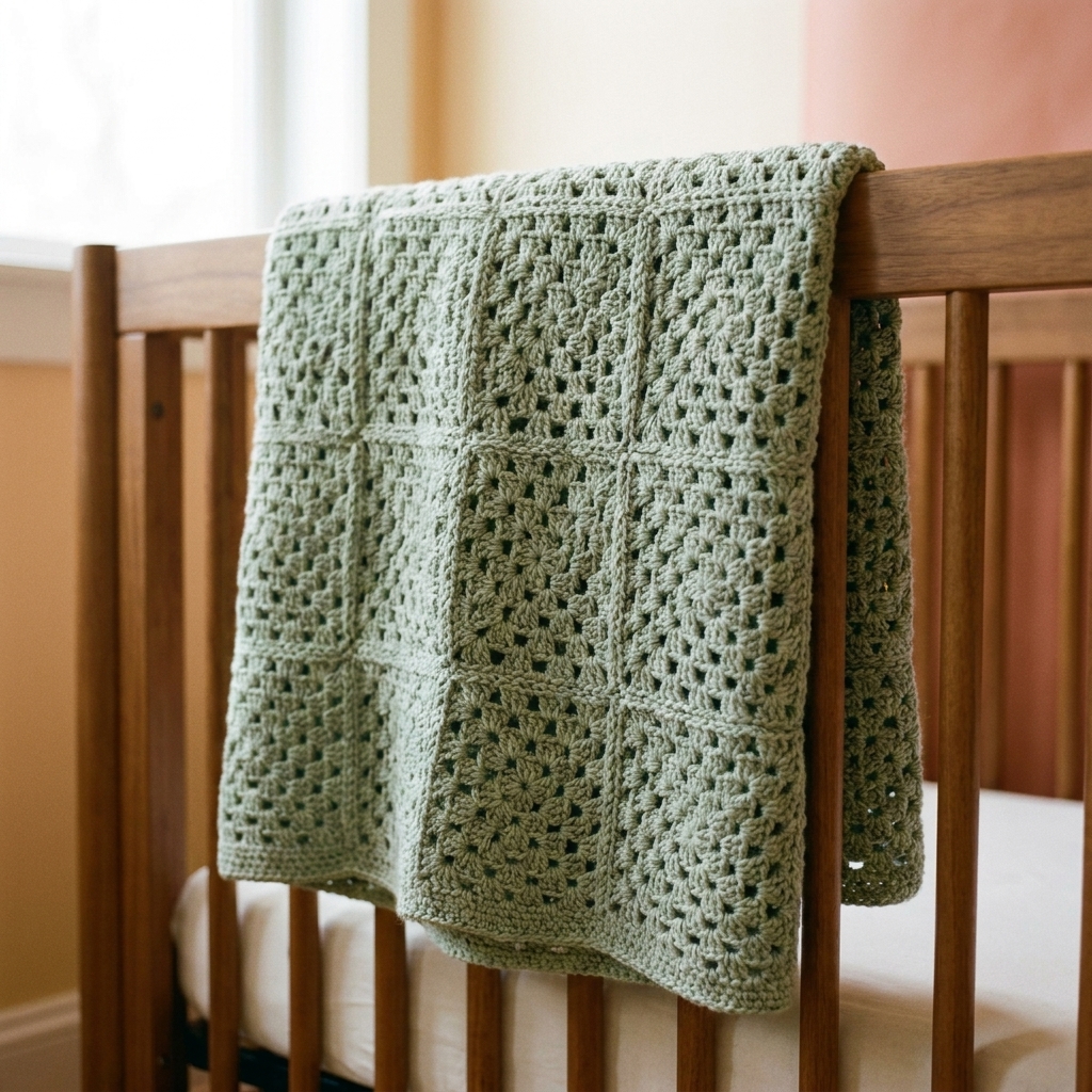 A single large granny square crochet baby blanket in soft sage green draped over a wooden nursery crib rail