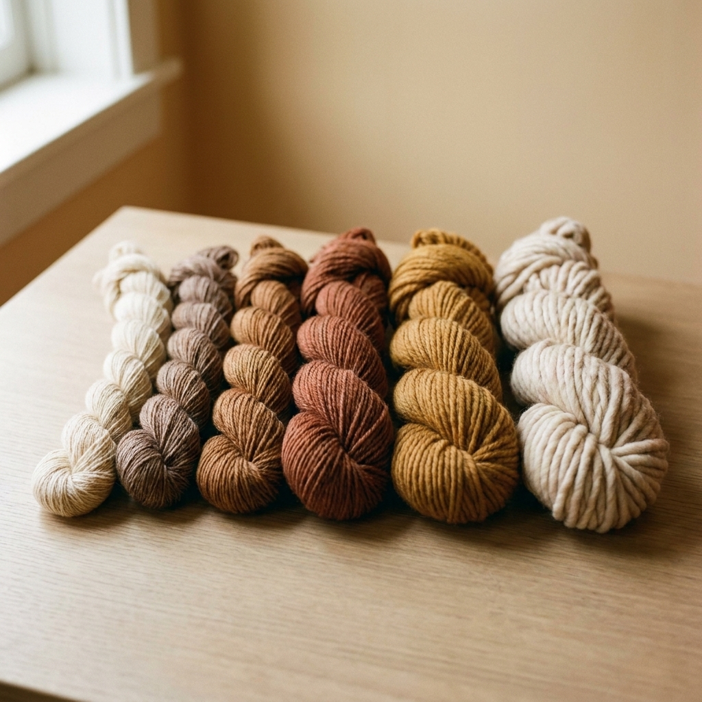 A single photograph of multiple yarn skeins arranged from very thin to very thick on a neutral tabletop, showing a clear progression of yarn thickness