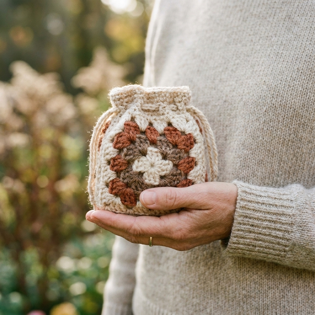 A small crocheted granny square pouch in warm neutral colors held in one hand outdoors in soft daylight
