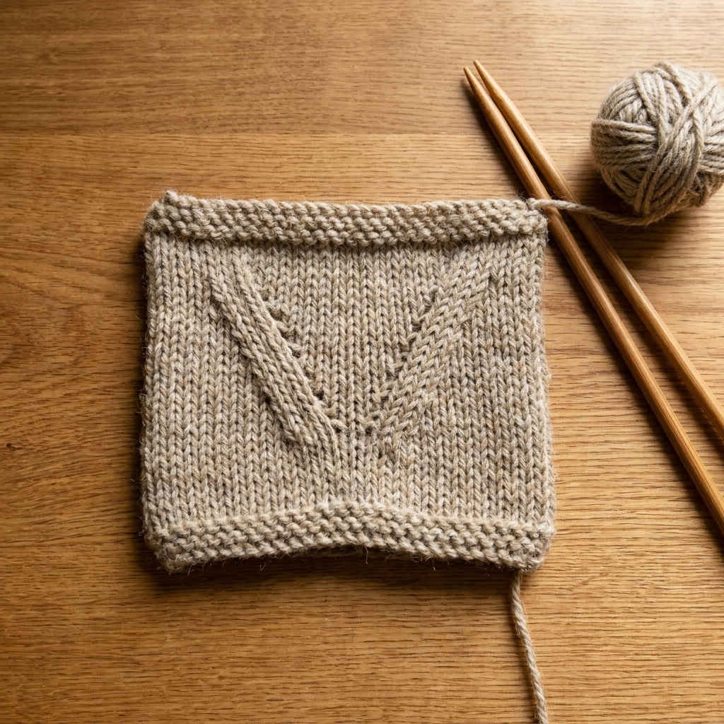 A small knitted practice swatch on a tabletop with two neat decrease columns leaning inward toward the center