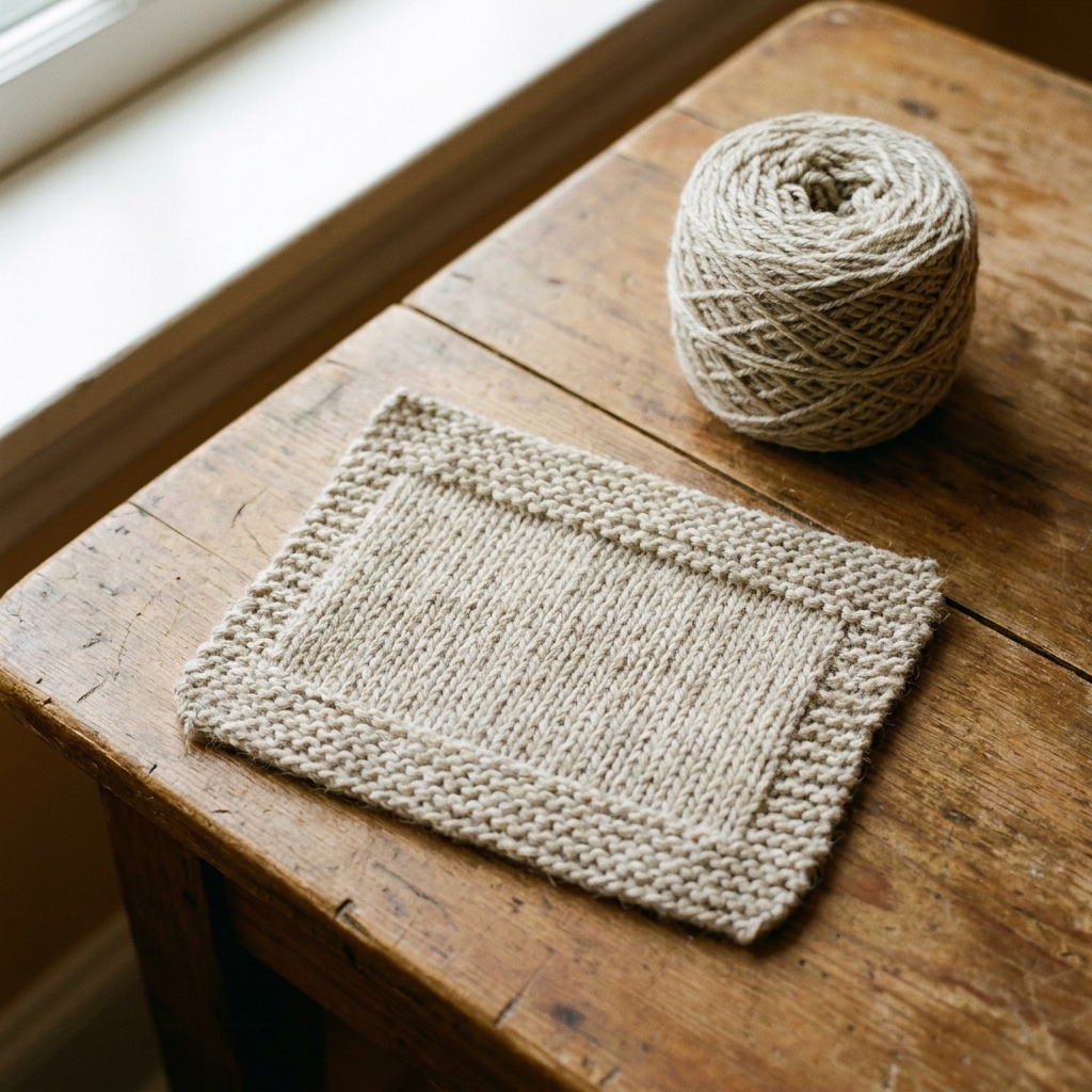 A small knitted swatch showing a stockinette center panel framed by garter stitch borders, lying flat on a wooden table with a ball of yarn nearby