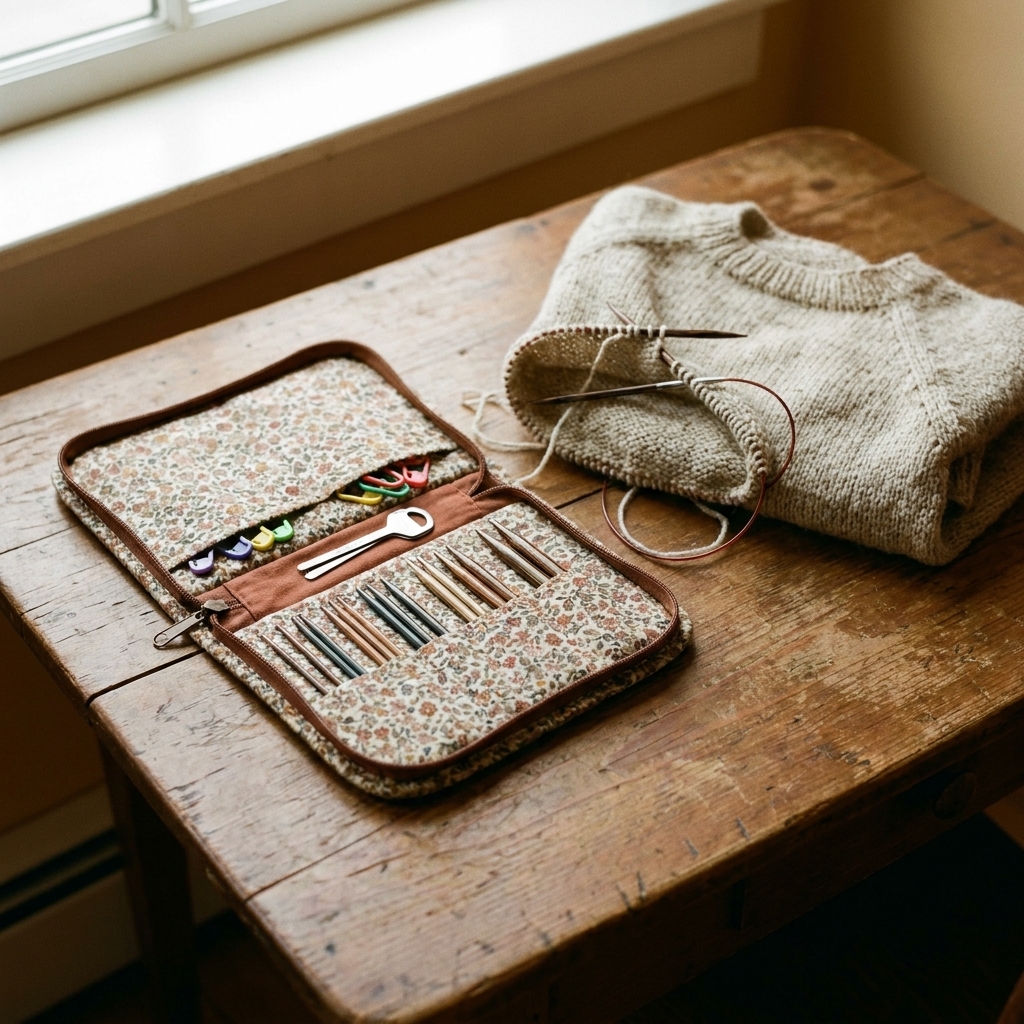 A small knitting notions case on a table with interchangeable needle tips, a cable key, and stitch markers arranged neatly beside a partially knit sweater