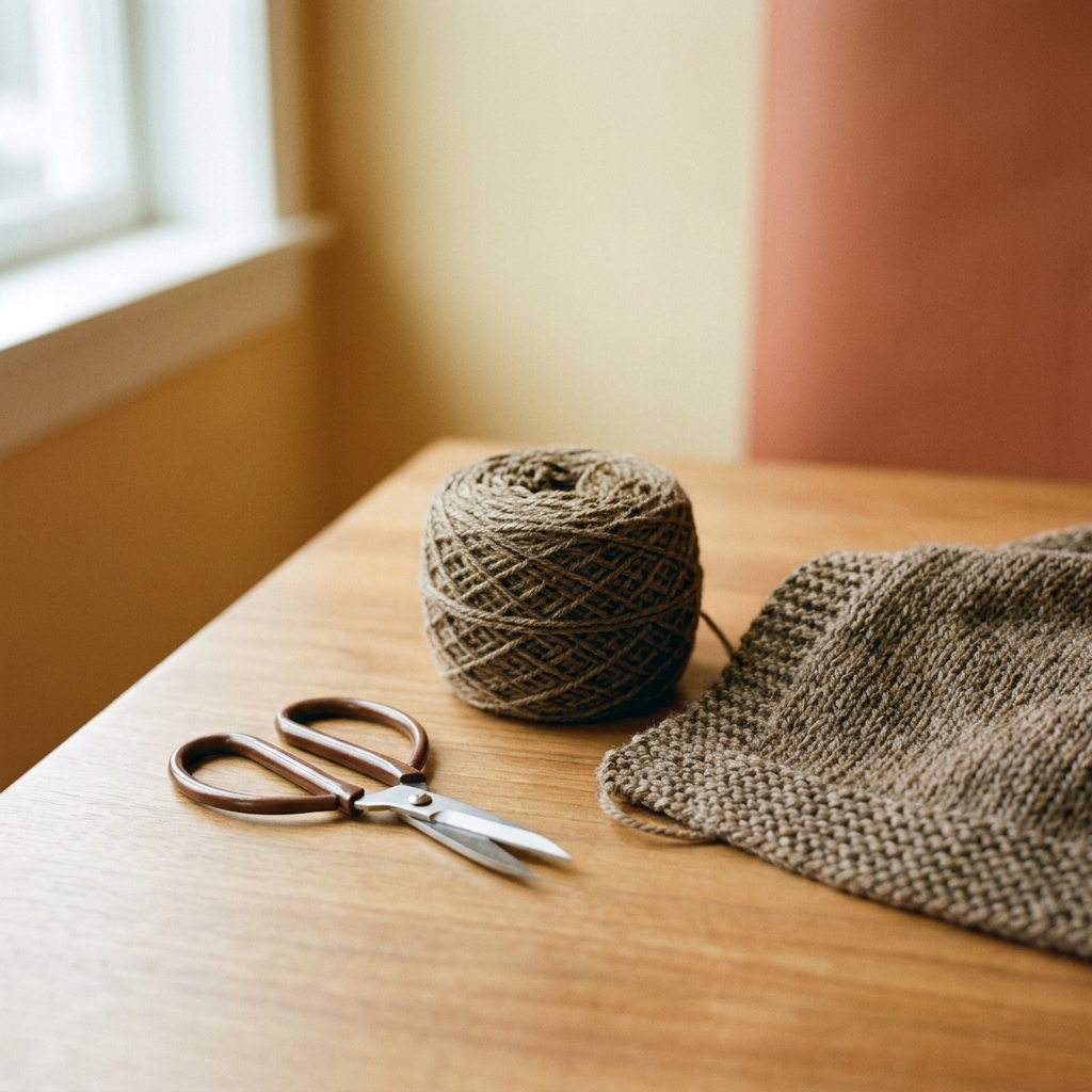 A small pair of sharp craft scissors lying next to a ball of yarn and a knitted fabric piece on a tabletop