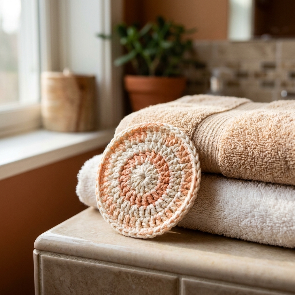 A small round crochet face scrubby made from cotton yarn resting beside a folded towel in a bright bathroom setting