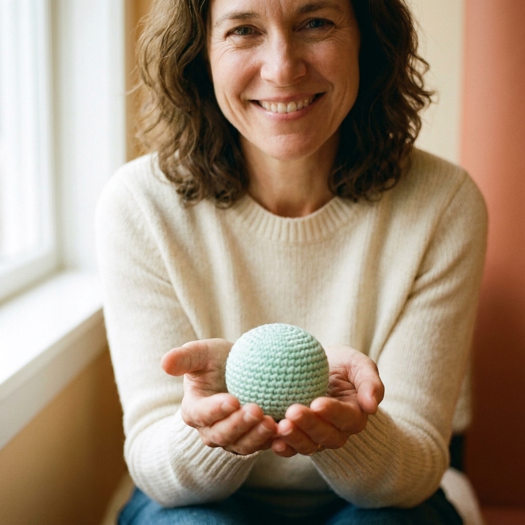 A small stuffed crochet amigurumi ball in a solid pastel yarn sitting in a maker's hand