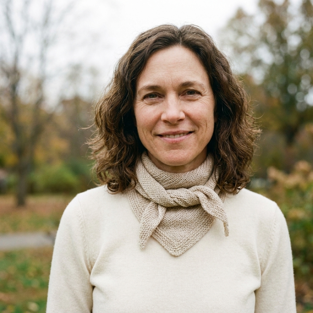 A small triangular knit bandana shawl in a light yarn tied loosely around a person's neck outdoors on an overcast day