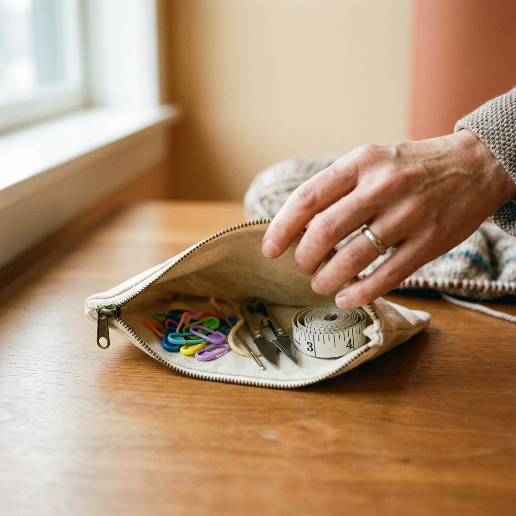 A small zip pouch open on a table with stitch markers, a tapestry needle, yarn snips, and a tape measure visible inside