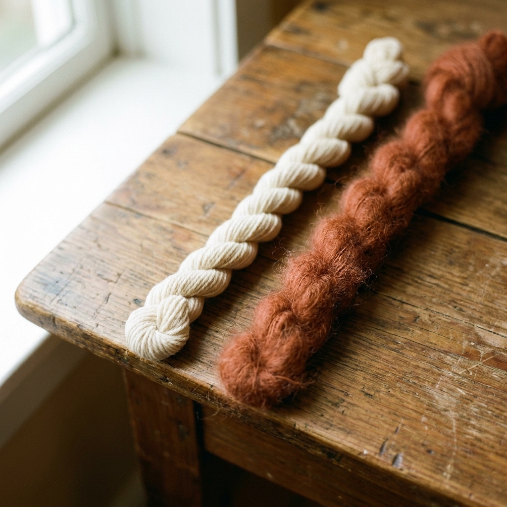 A smooth multi-ply yarn strand and a loftier fuzzy yarn strand resting side by side on a wooden tabletop