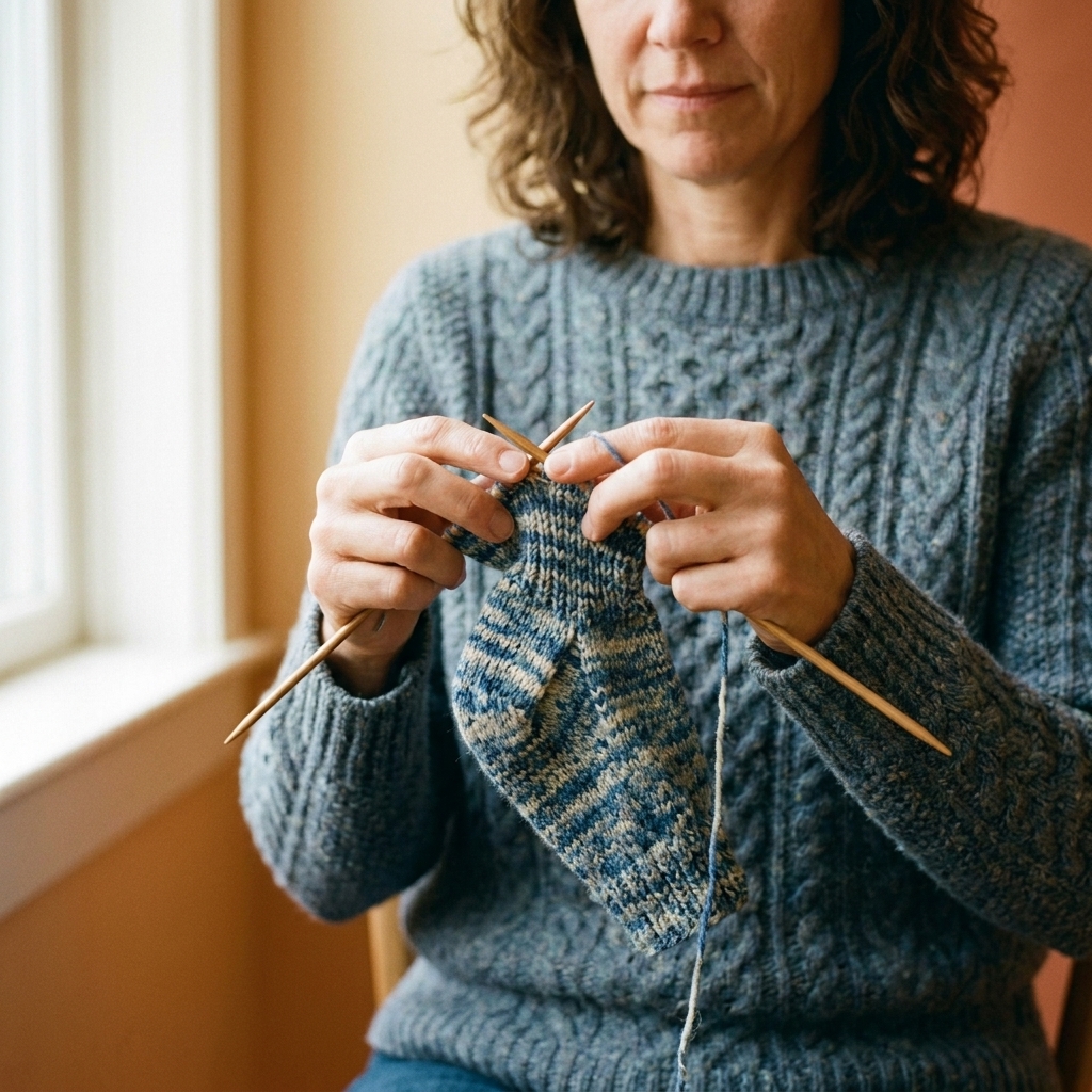 A sock heel turn in progress, showing short rows creating a curved heel cup on knitting needles