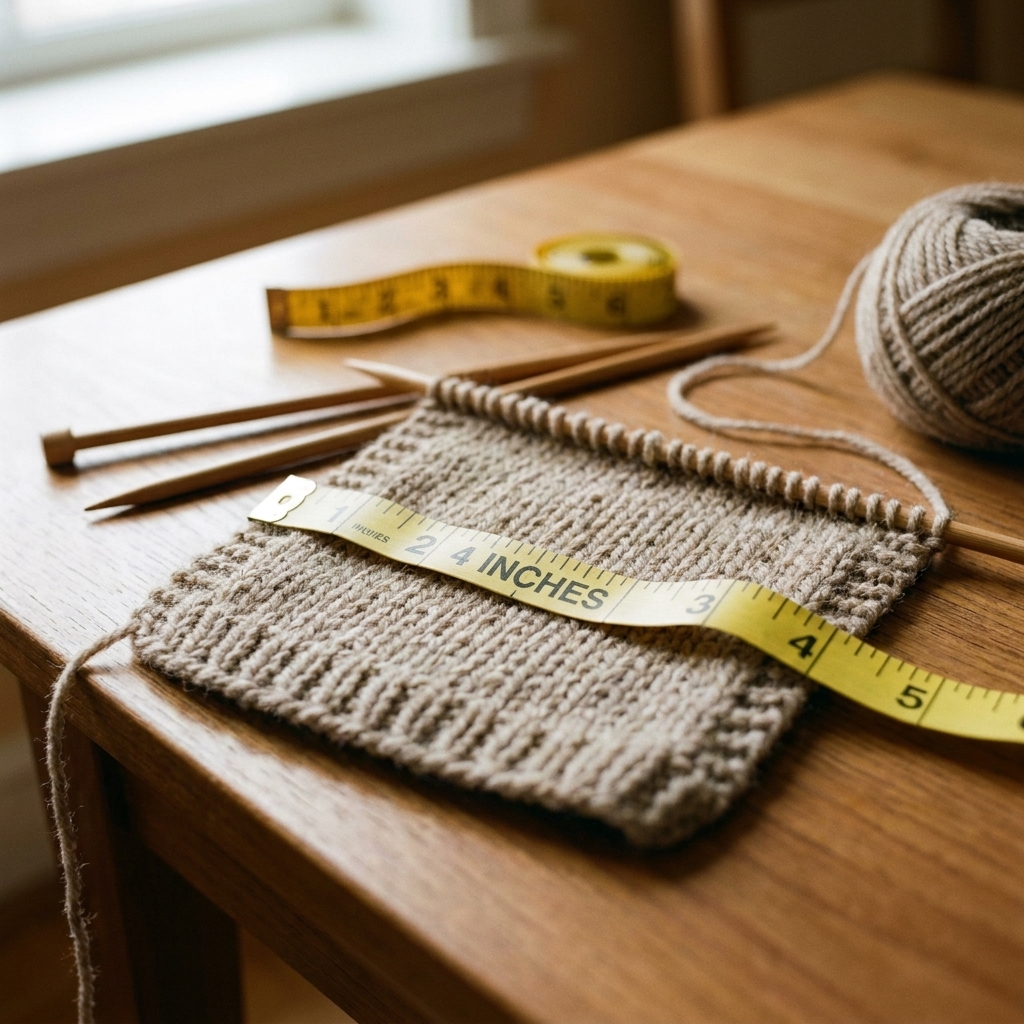 A soft measuring tape stretched across a knitted swatch on a table, showing the measurement clearly