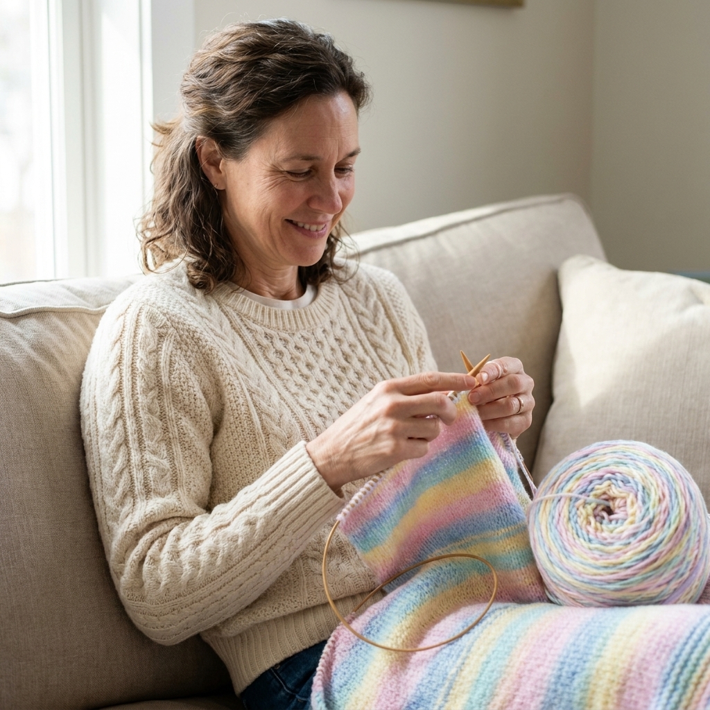 A soft pastel baby blanket being knitted on circular needles on a couch with a ball of yarn nearby