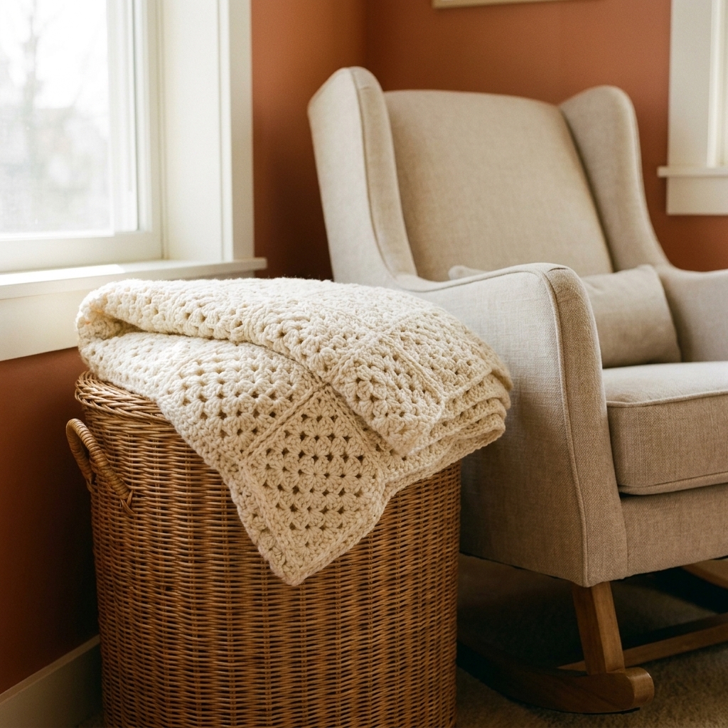 A solid granny square crochet baby blanket in warm cream yarn folded on a wicker basket beside a nursery chair