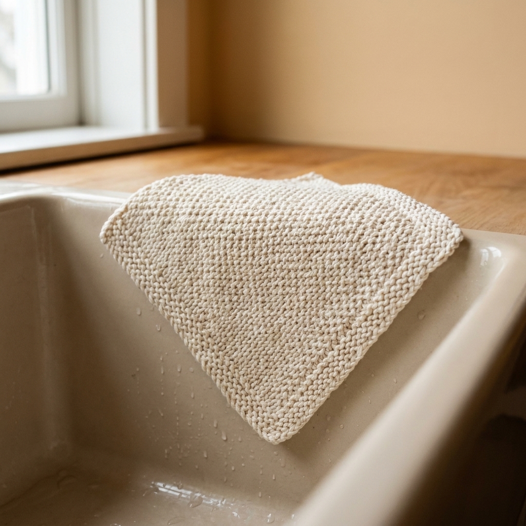 A square cotton dishcloth in a simple textured stitch pattern drying on the edge of a kitchen sink in natural light