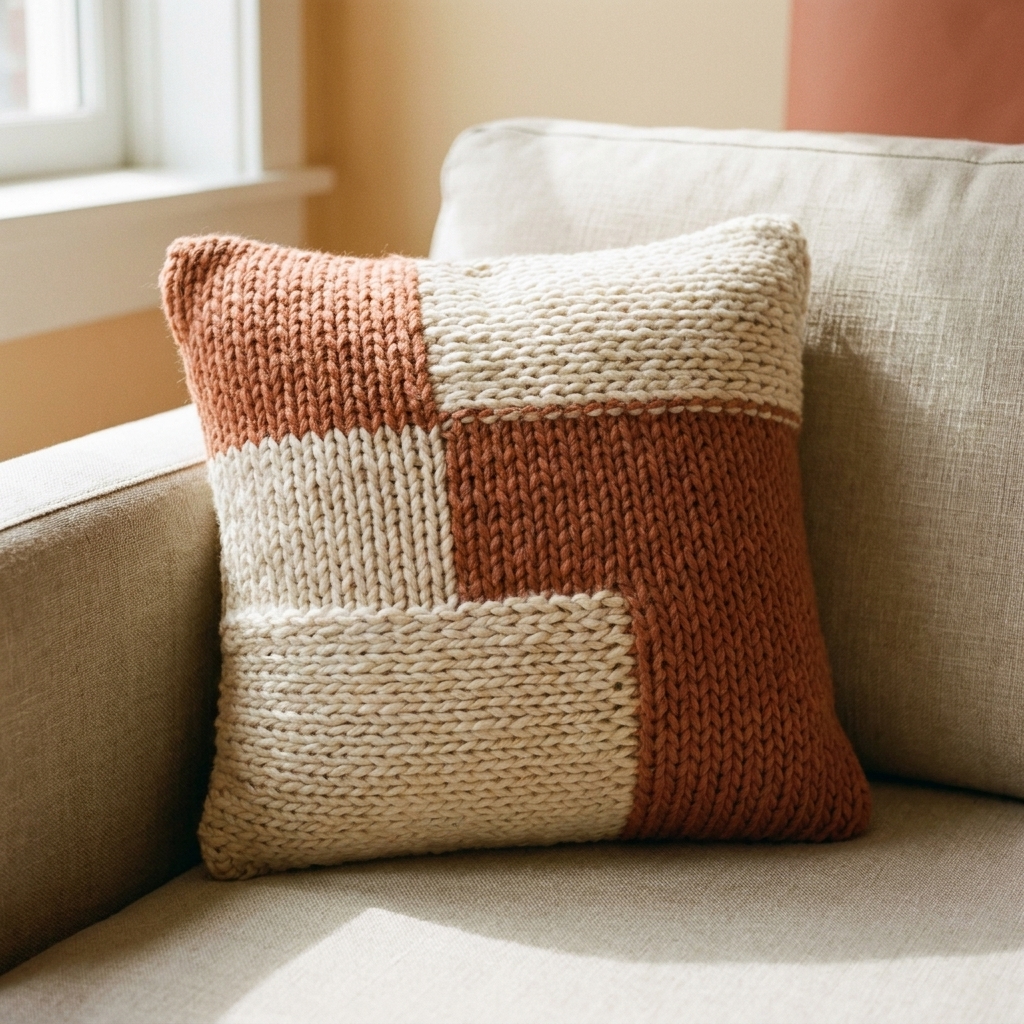 A square hand-knit pillow cover with a color-block design in cream and terracotta yarn on a neutral couch
