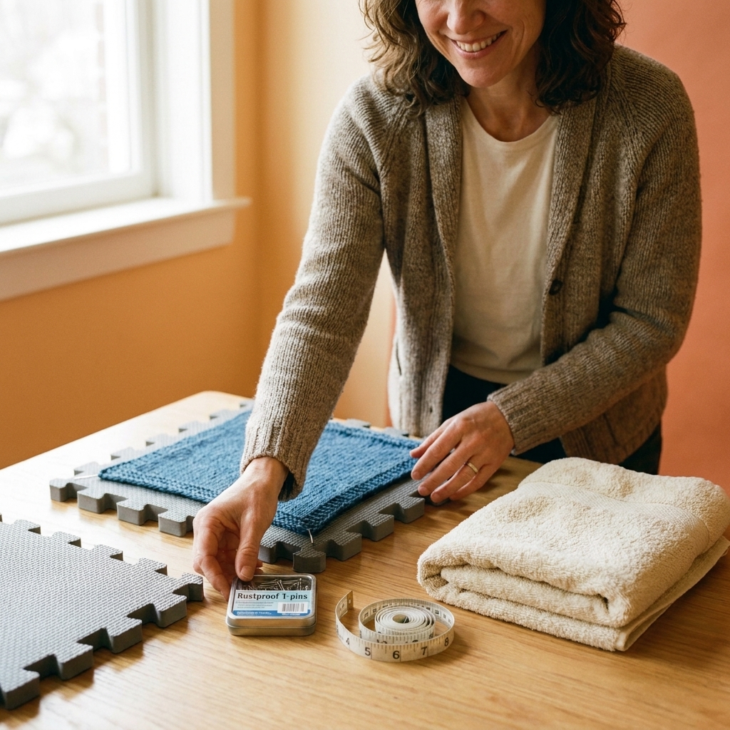 A tabletop scene with foam blocking mats, rustproof T pins, a measuring tape, and a folded towel ready for blocking knit fabric