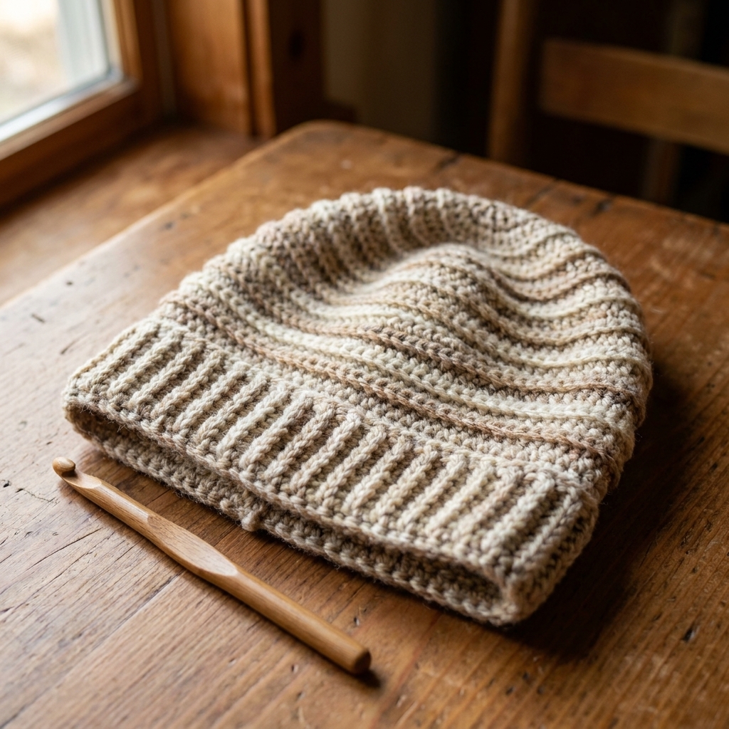 A textured crochet beanie showing neat horizontal ridges, with a crochet hook resting beside it