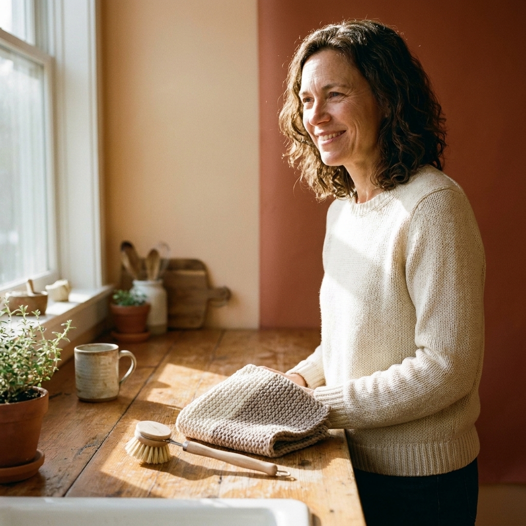 A textured hand-knit cotton dishcloth folded beside a wooden dish brush on a kitchen counter with warm morning light