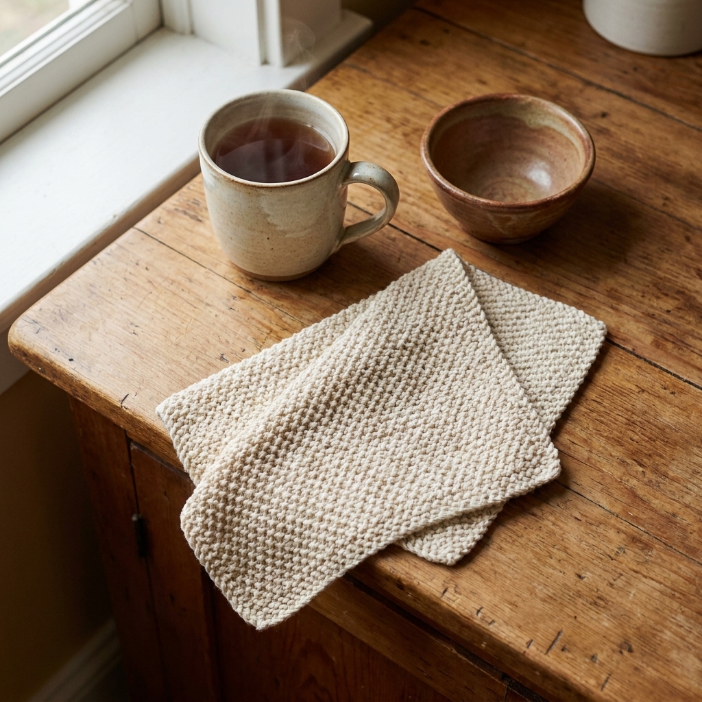 A textured seed stitch knitted cotton dishcloth resting on a wooden countertop beside a mug of tea and a small bowl