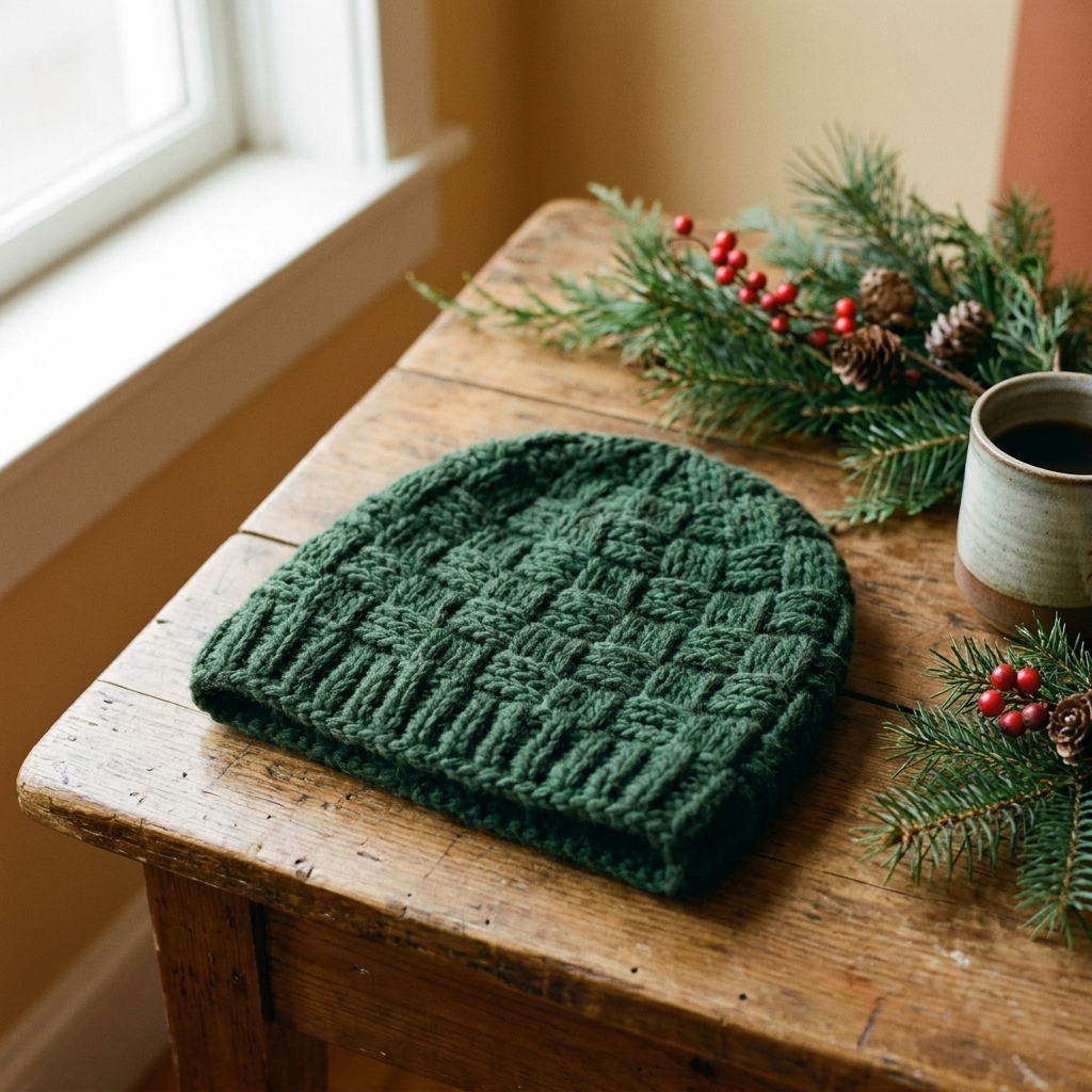 A thick basketweave-textured crochet beanie in deep forest green sitting on a wooden table with winter greenery nearby