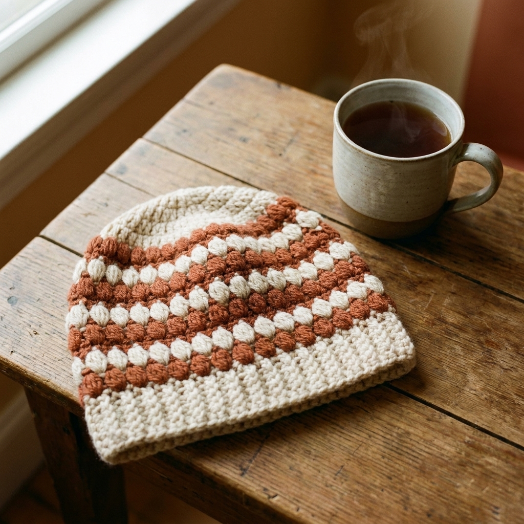 A two-tone crochet beanie with puff stitch stripes in cream and rust colors, photographed on a tabletop with a mug of tea
