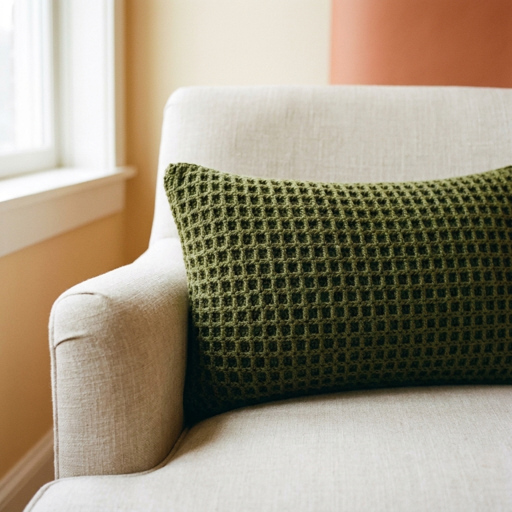 A waffle stitch crochet pillow in deep olive yarn resting on a light linen armchair