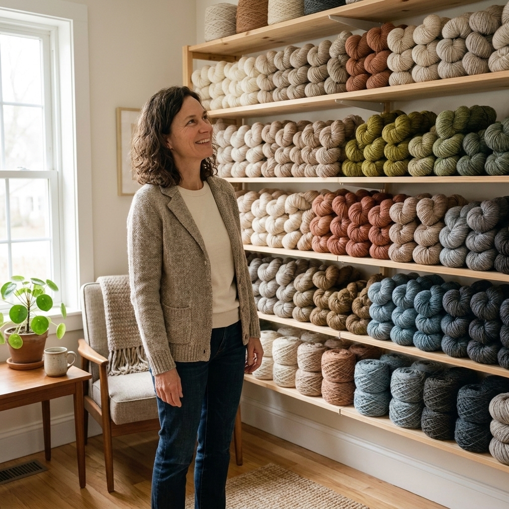 A wall of neatly stacked yarn skeins in soft neutral and earthy tones inside a bright craft room with wooden shelves