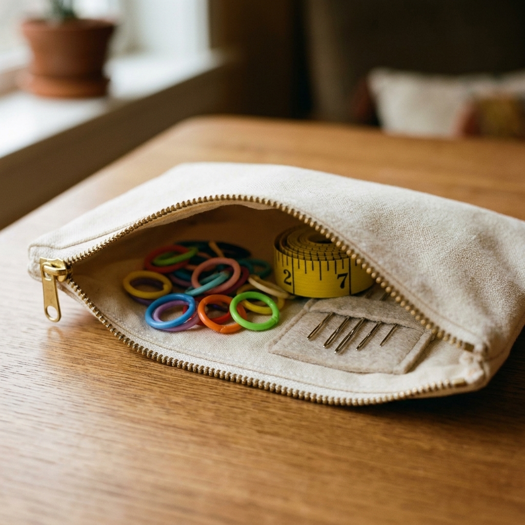A zippered fabric notions pouch sitting open with stitch markers, a measuring tape, and tapestry needles tucked inside