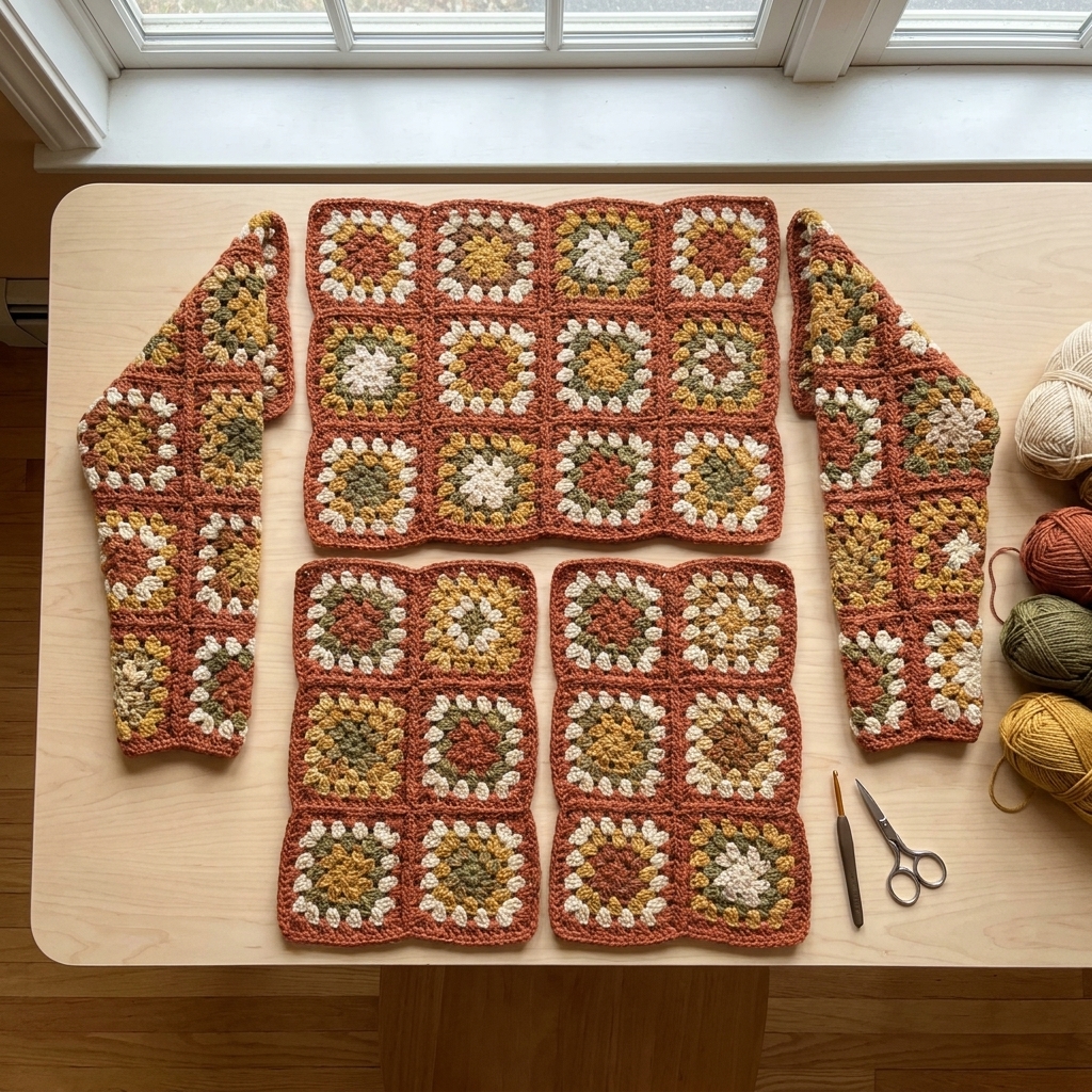 Back, front, and sleeve granny square panels laid flat in matching colors, ready to be seamed into a cardigan