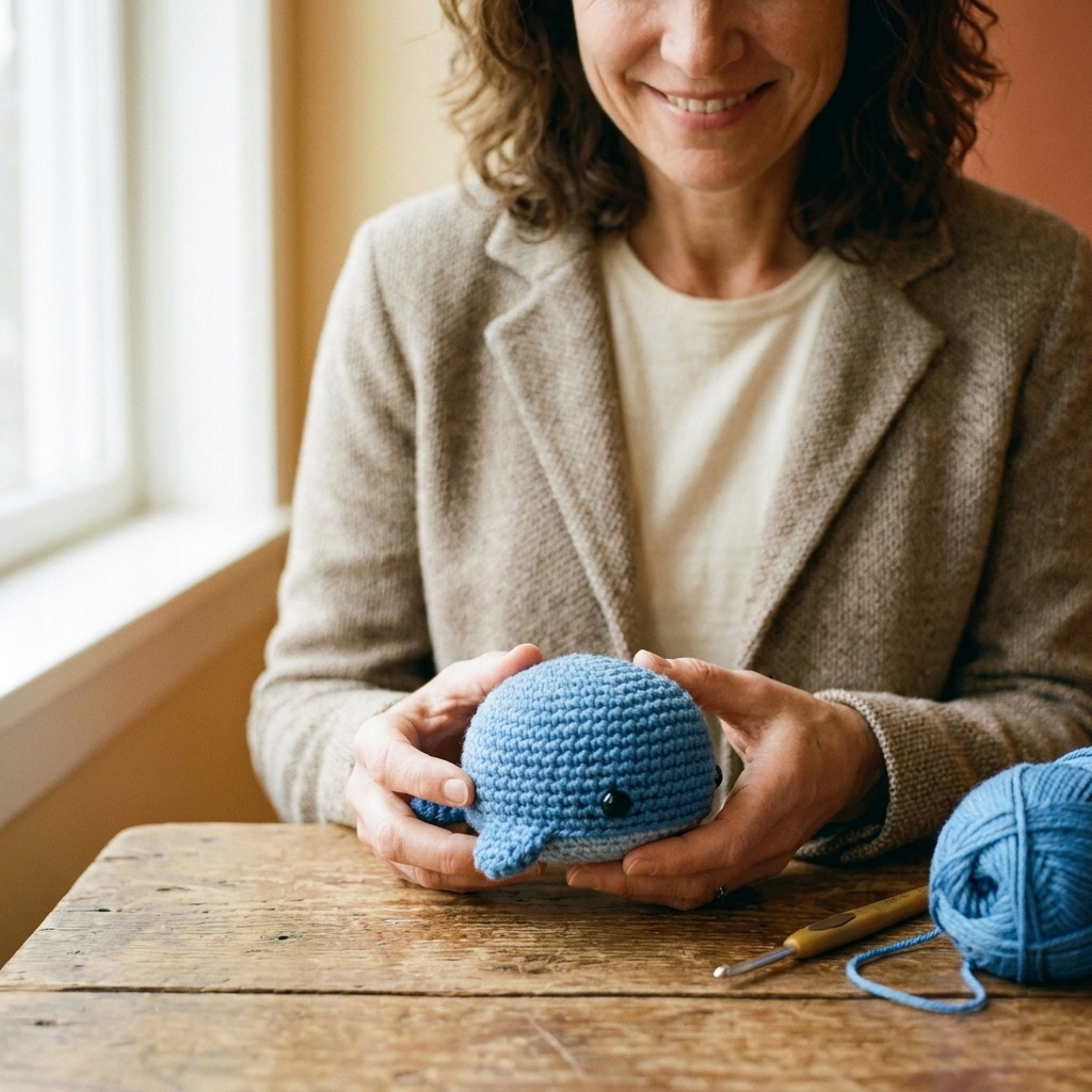 Beginner-friendly crocheted whale amigurumi in blue yarn with small black safety eyes on a wooden tabletop