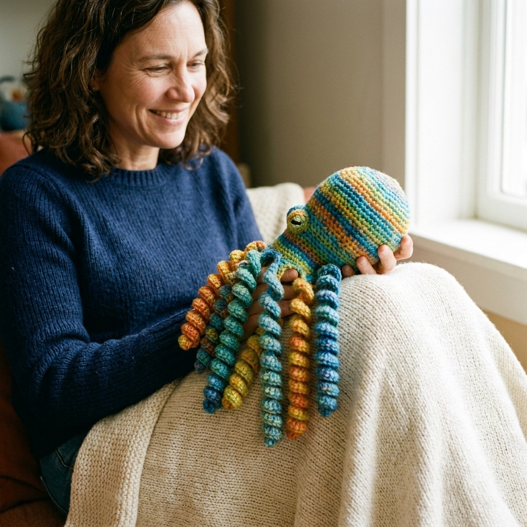 Bright crocheted octopus amigurumi with curled spiral tentacles on a soft blanket background