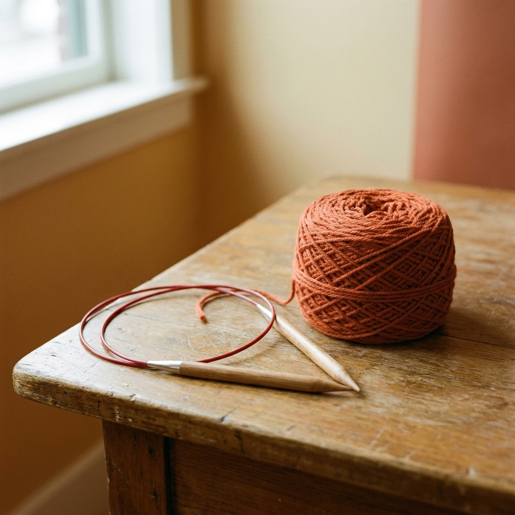 Circular knitting needles with a flexible cable resting beside a ball of worsted weight yarn