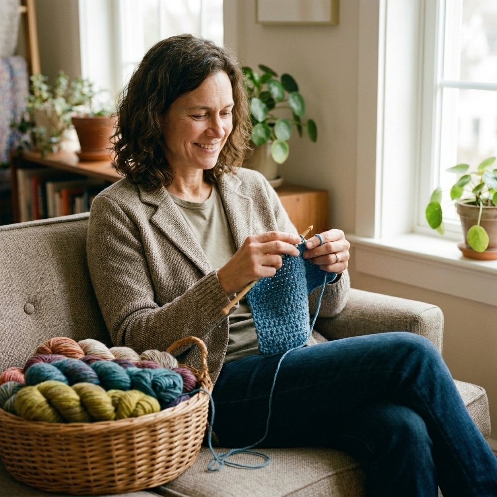 Clara Bennett holding a partially crocheted fabric swatch in her hands, yarn trailing into a basket beside her on a sofa