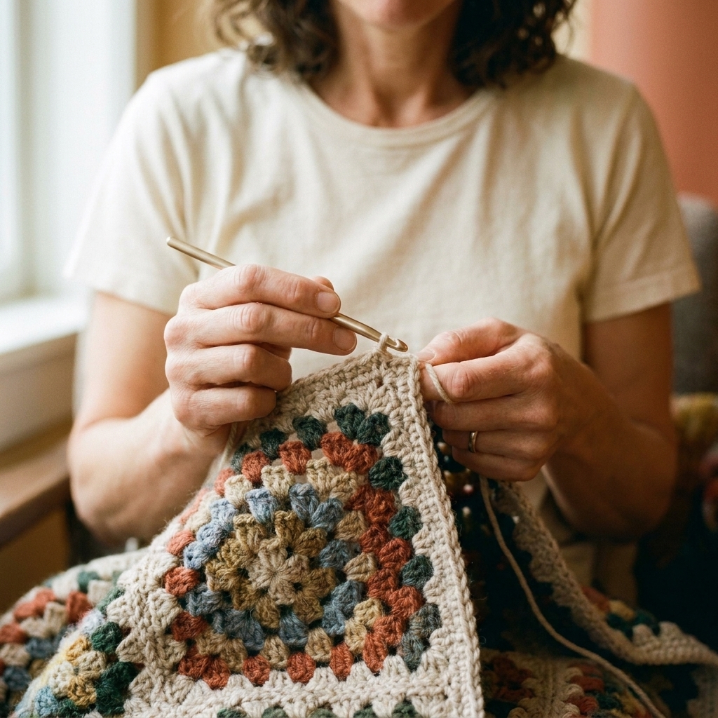 Close-up of a granny square cardigan front edge being crocheted with a neat single crochet border in a neutral yarn